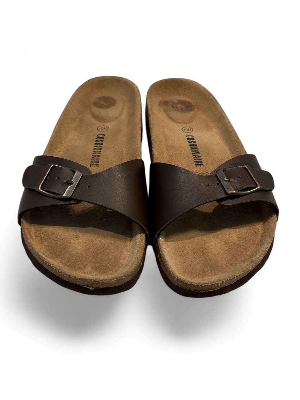 Cushionaire Leather Single-Strap Slide Sandals in Dark Brown SZ. 10